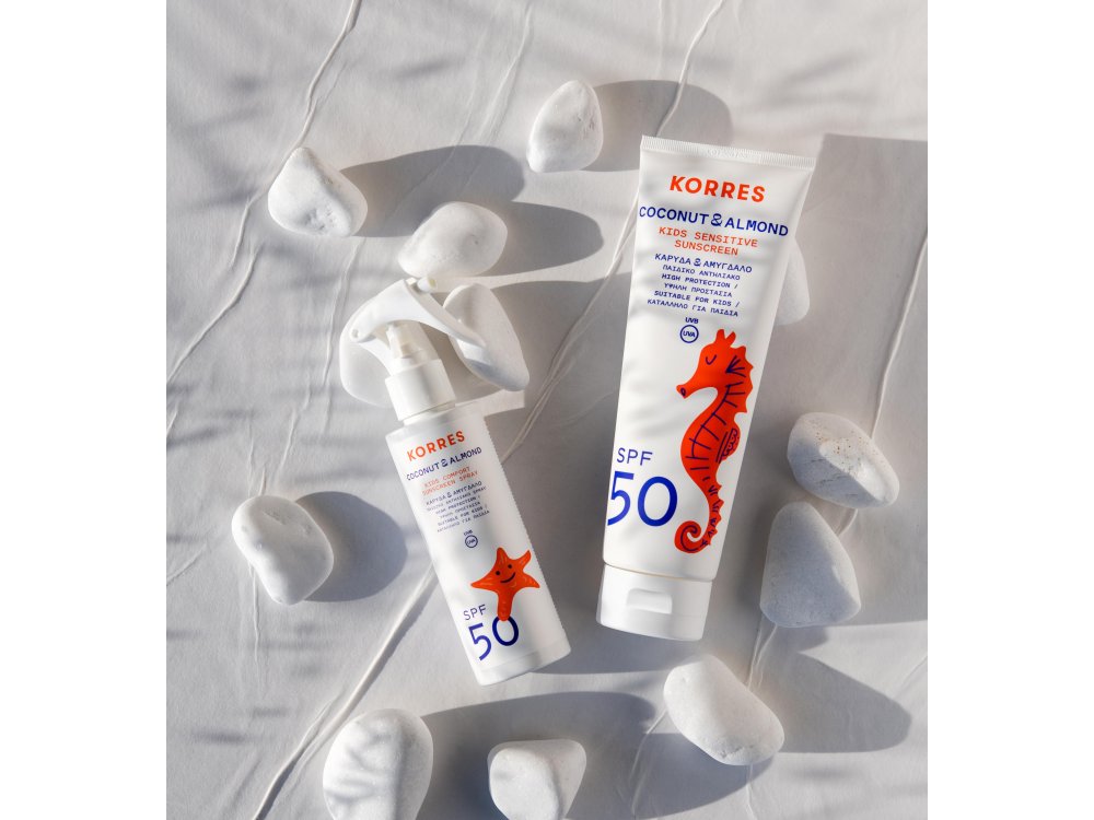 Korres Παιδικό Πακέτο Προσφοράς 1+1, Αντιηλιακό Γαλάκτωμα Spray για Πρόσωπο και Σώμα με Καρύδα και Αμύγδαλο SPF50, 2x150ml