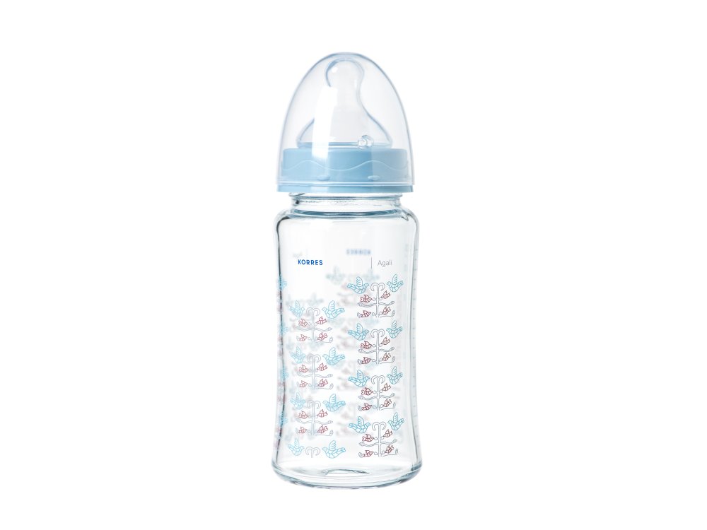 Korres Γυάλινο Μπιμπερό με Θηλή Σιλικόνης Μεσαίας Ροής, 3m+, 230ml