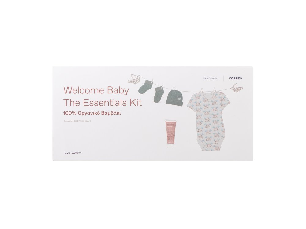 Korres Welcome Baby the Essentials Kit, Κορμάκι & Καλτσάκια & Σκουφάκι + Βρεφικό Αφρόλουτρο-Σαμπουάν, 20ml