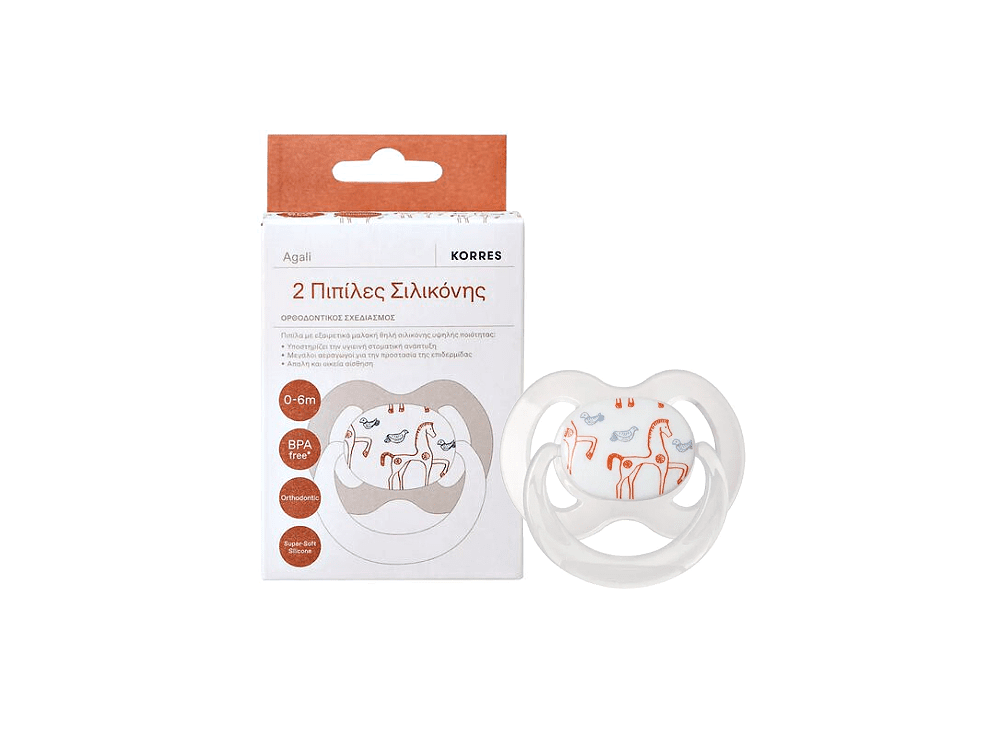 Korres 2 Silicone Soothers Agali, Πιπίλες Σιλικόνης με Ορθοδοντικό Σχεδιασμό, 0-6m, 2τμχ