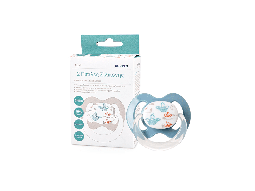 Korres 2 Silicone Soothers Agali, Πιπίλες Σιλικόνης με Ορθοδοντικό Σχεδιασμό, 6-18m, 2τμχ