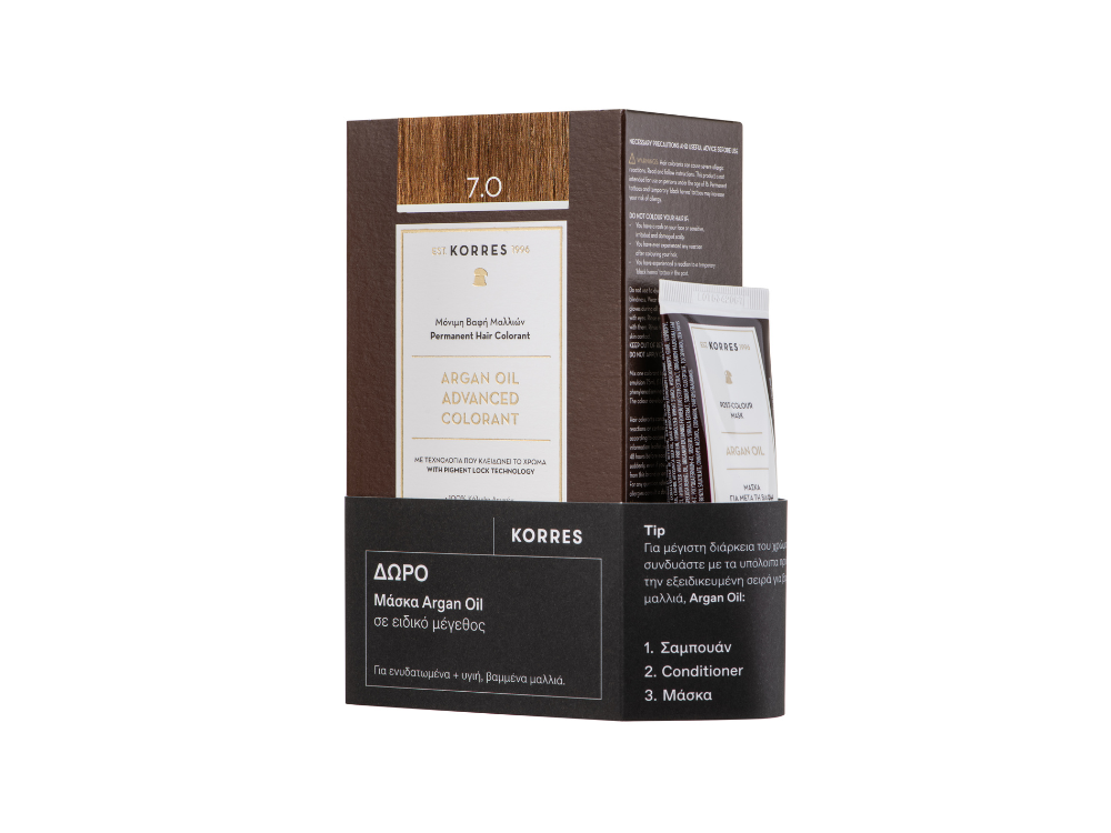 Korres Gift Set Argan Oil Advanced Colorant 7.0 Βαφή Μαλλιών Ξανθό, 50ml & Δώρο Μάσκα Argan Oil, 40ml, 1σετ