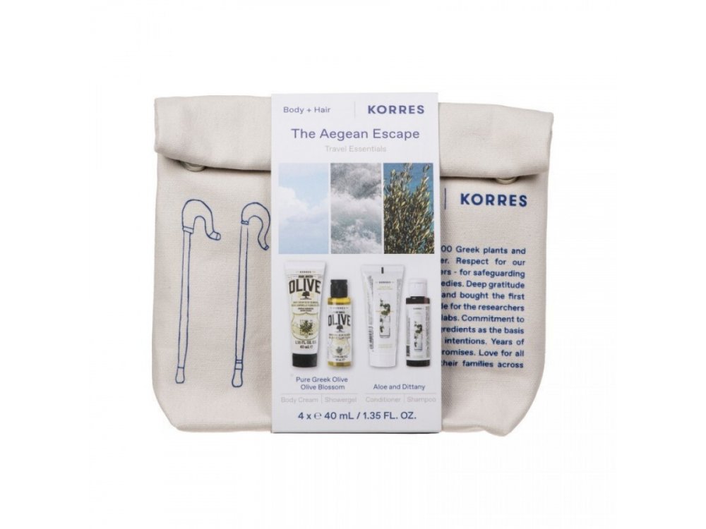 Korres The Agean Escape Travel Essentials, Kρέμα Σώματος Άνθη Eλιάς 40ml, Αφρόλουτρο Άνθη Eλιάς 40ml, Αλόη & Δίκταμο Σαμπουάν 40ml & Αλόη & Δίκταμο Mαλακτική Kρέμα Μαλλιών 40ml