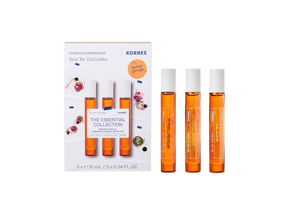 Korres The Essential Collection Gift Set με Midnight Dahlia Eau De Toilette, 10ml, Cashmere Kumquat Eau De Toilette, 10ml & White Tea Eau De Toilette, 10ml, 1σετ