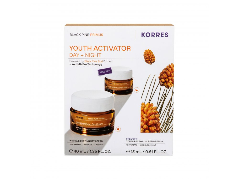 Korres Promo Black Pine Primus Wrinkle Defying Κρέμα Νεότητας Ημέρας, 40ml & Δώρο Youth Renewal Sleeping Κρέμα Νεότητας Νύχτας, 15ml, 1σετ