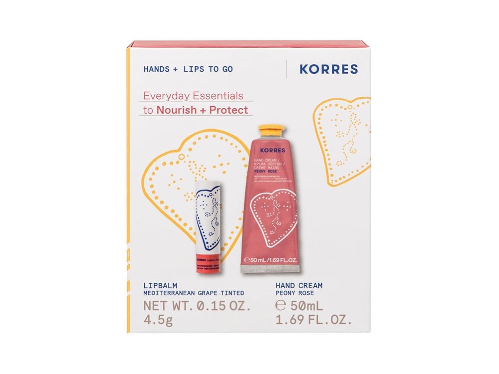 Korres Promo Hands + Lips To Go με Peony Rose Κρέμα Χεριών, 50ml & Lip Balm Grape Tinted Bάλσαμο Χειλιών, 4.5g, 1σετ