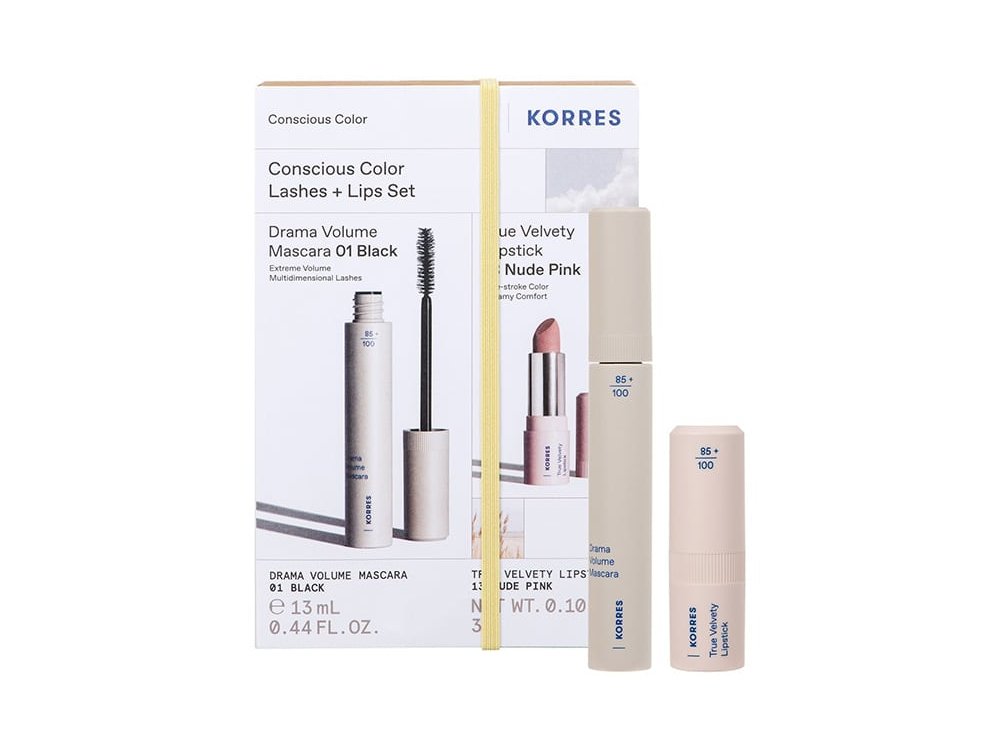 Korres Conscious Color Set Drama Volume, Μάσκαρα για Έντονο Μήκος & Όγκο, 13ml & True Velvety Κραγιόν 13 Nude Pink, 3g, 1σετ