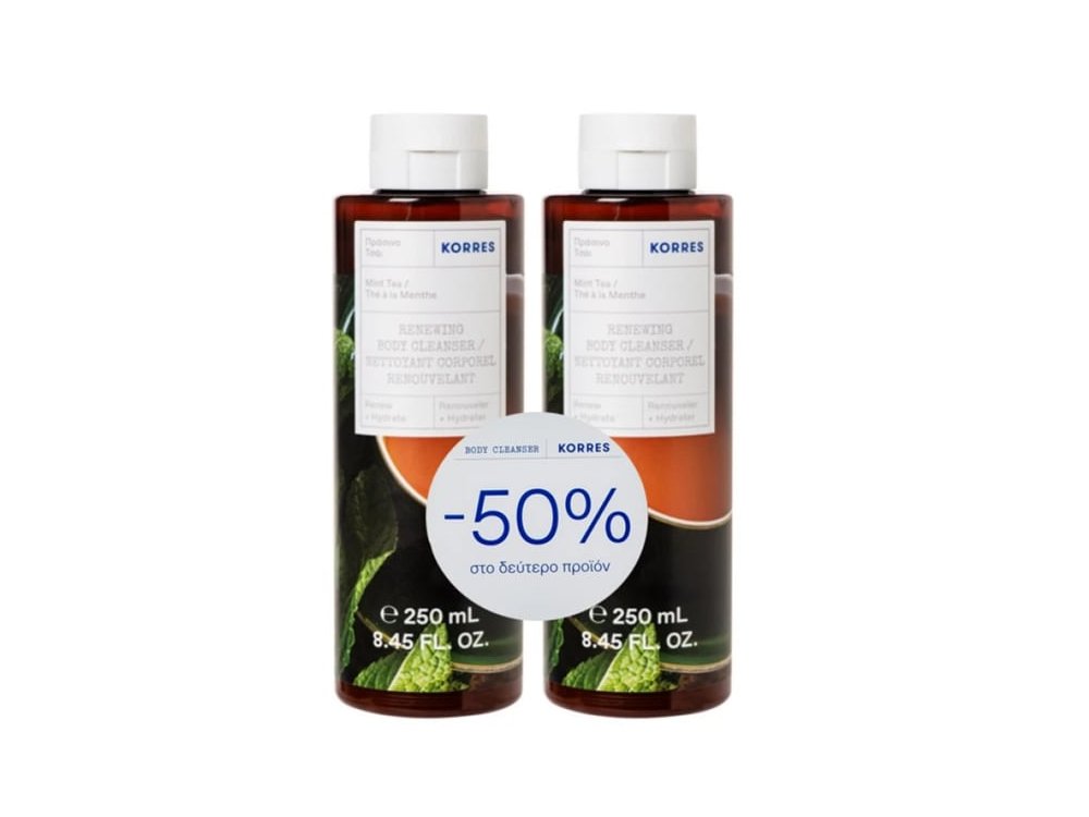 Korres Promo (- 50% στο Δεύτερο Προϊόν) Mint Tea, Πράσινο Τσάι Αφρόλουτρο, 2x250ml, 1σετ