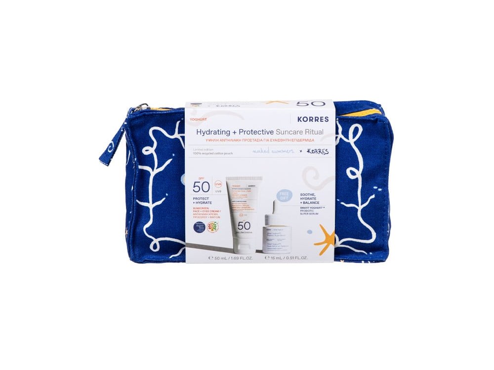 Korres Promo Hydrating & Protective Suncare Ritual Υψηλή Αντηλιακή Προστασία με Yoghurt Αντηλιακή Κρέμα Προσώπου & Ματιών SPF50, 50ml, Smart Yoghurt Probiotic Super Serum Ορός με Προβιοτικά, 15ml & Δώρο Naked Summers x Korres Νεσεσέρ, 1τεμ, 1σετ