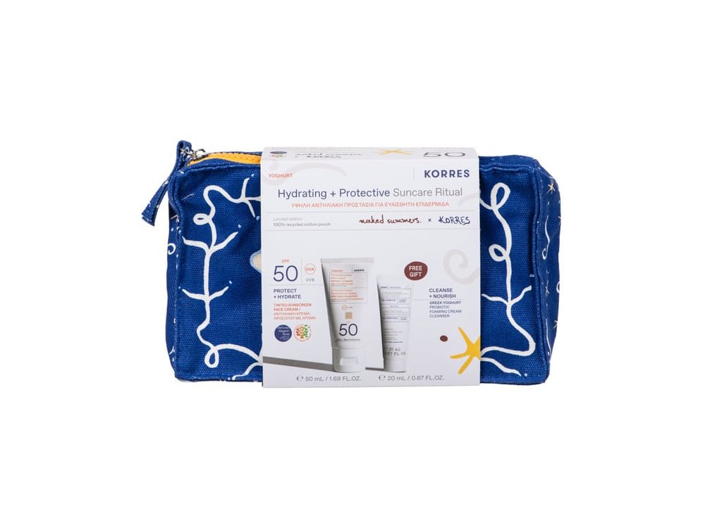 Korres Promo Hydrating & Protective Suncare Ritual Υψηλή Αντηλιακή Προστασία με Yoghurt Tinted Αντηλιακή Κρέμα Προσώπου με Χρώμα SPF50, 50ml, Greek Yoghurt Αφρώδης Κρέμα Καθαρισμού με Προβιοτικά, 20ml & Δώρο Naked Summers x Korres Νεσεσέρ, 1τεμ, 1σετ
