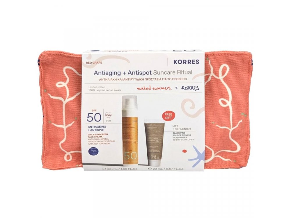 Korres Promo Antiaging & Antispot Suncare Ritual Αντηλιακή & Αντιρυτιδική Προστασία με Red Grape Αντηλιακή Κρέμα Προσώπου SPF50, 50ml, Black Pine Κρέμα Ημέρας για Σύσφιξη & Lifting, 20ml & Δώρο Naked Summers x Korres Νεσεσέρ, 1τεμ, 1σετ