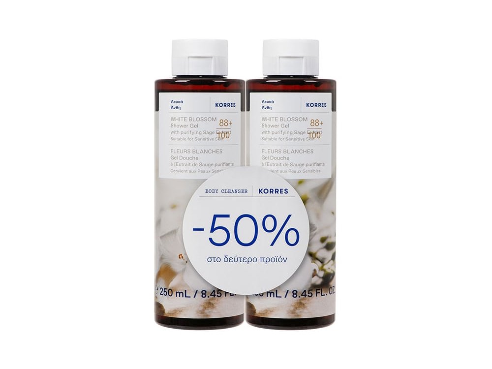 Korres Promo (-50% στο 2ο Προϊόν) Αφρόλουτρο White Blossom, 2x250ml, 1σετ