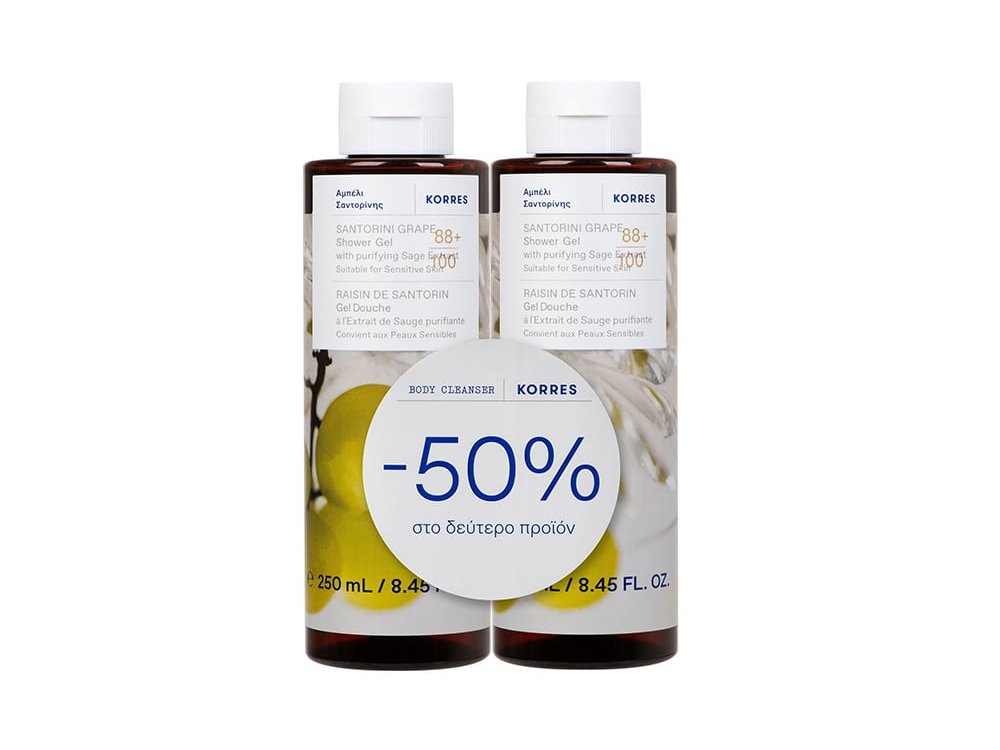 Korres Promo (-50% στο 2ο Προϊόν) Αφρόλουτρο Santorini Grape, 2x250ml, 1σετ