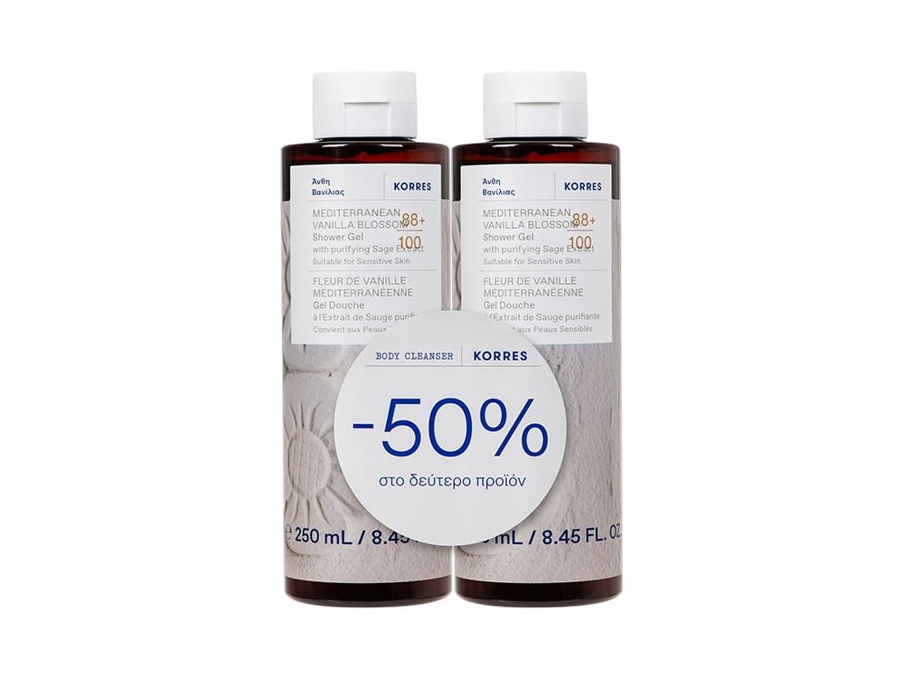 Korres Promo (-50% στο 2ο προϊόν) Αφρόλουτρο Mediterranean Vanilla Blossom, 2x250ml, 1σετ