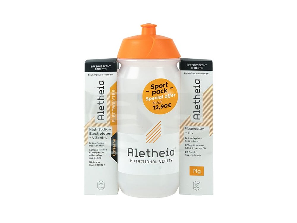 Aletheia Sport Pack Promo High Sodium Electrolytes 1000mg - Vitamins & Caffeine με Γεύση Mango & Passion Fruit, 18eff.tabs & Magnesium 375mg & B6 με Γεύση Λεμόνι & Γκρέιπφρουτ, 20eff.tabs & Παγούρι, 500ml, 1σετ