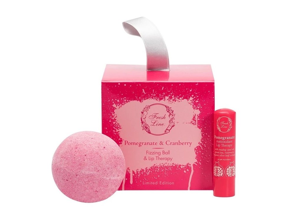 Fresh Line Promo Xmas Pomegranate & Cranberry Candy Box, Χειροποίητη Αναβράζουσα Μπάλα, 120g & Αντιοξειδωτική Θεραπεία Χειλιών, 5,4g