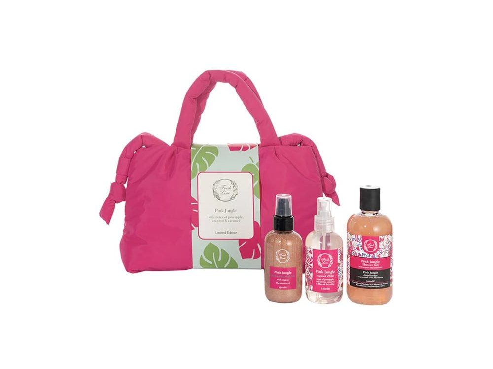 Fresh Line Pink Jungle Promo με Pink Jungle Shower Gel Αφρόλουτρο, 300ml, Shimmering Body Oil Ξηρό Λάδι Σώματος, 150ml, Body Water Αρωματικό Νερό Σώματος, 150ml & Τσάντα, 1τεμ, 1σετ