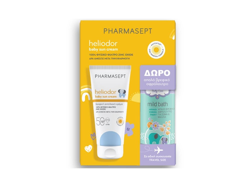 Pharmasept Heliodor Promo με Baby Sun Cream SPF50 Βρεφική Αντηλιακή Κρέμα, 100ml & Mild Bath Απαλό Βρεφικό Αφρόλουτρο για Σώμα & Μαλλιά, 100ml, 1σετ