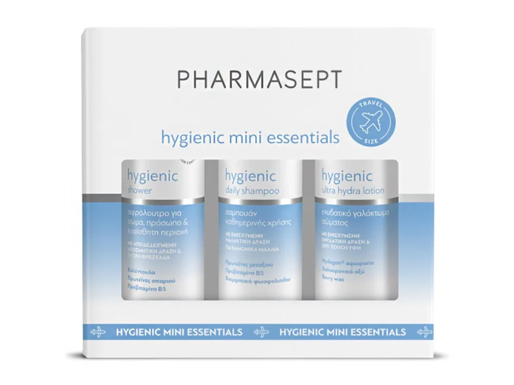 Pharmasept Hygienic Mini Essentials, Σετ Περιποίησης με Hygienic Daily Shampoo Σαμπουάν, 100ml, Hygienic Shower Αφρόλουτρο, 100ml & Hygienic Ultra Hydra Lotion Λοσιόν Σώματος, 80ml