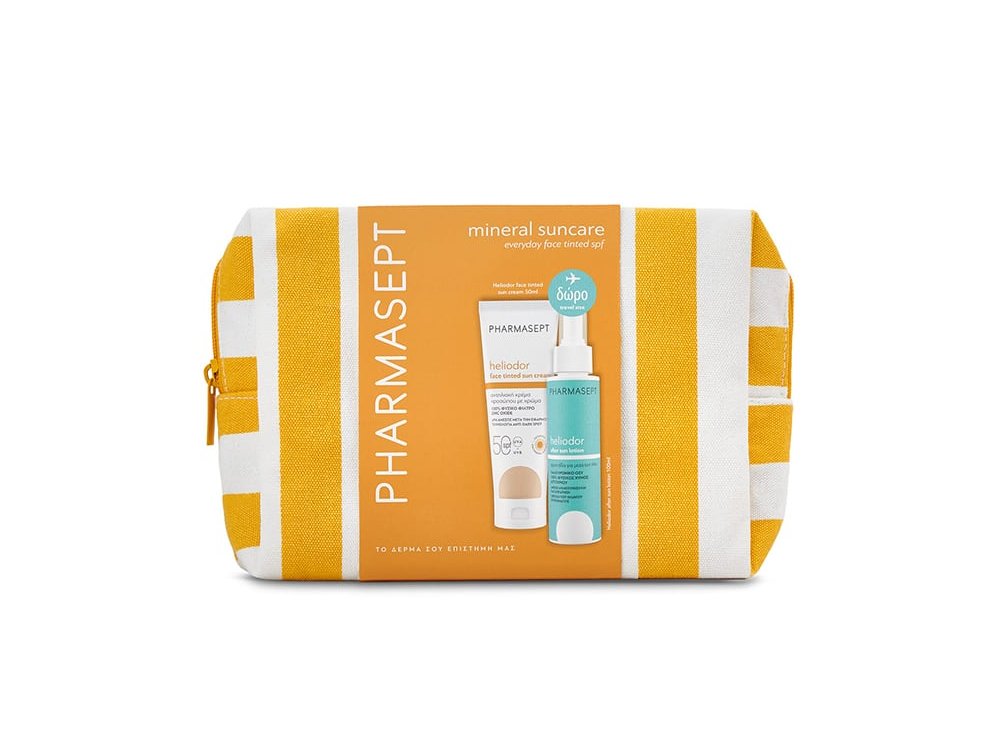 Pharmasept Promo Heliodor Face Tinted Sun Cream Αντηλιακή Κρέμα Προσώπου με Χρώμα SPF50, 50ml & Travel Size Heliodor After Sun Lotion Γαλάκτωμα Προσώπου-Σώματος για Μετά την Έκθεση στον Ήλιο, 100ml & Νεσεσέρ, 1τεμ, 1σετ