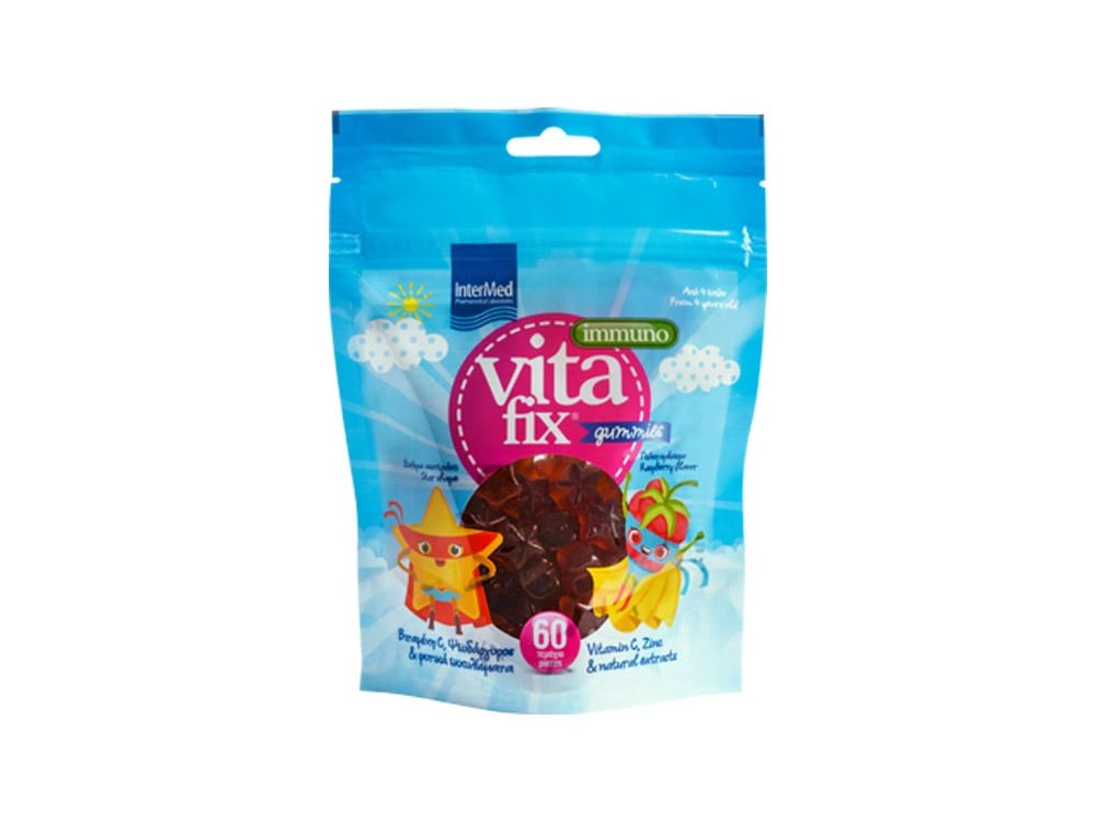 Intermed VitaFix Immuno Gummies Star Raspberry, Παιδικό Συμπλήρωμα Διατροφής για Ενίσχυση του Ανοσοποιητικού σε Ζελεδάκια, Γεύση Σμέουρο, Συσκευασία με 60τμχ