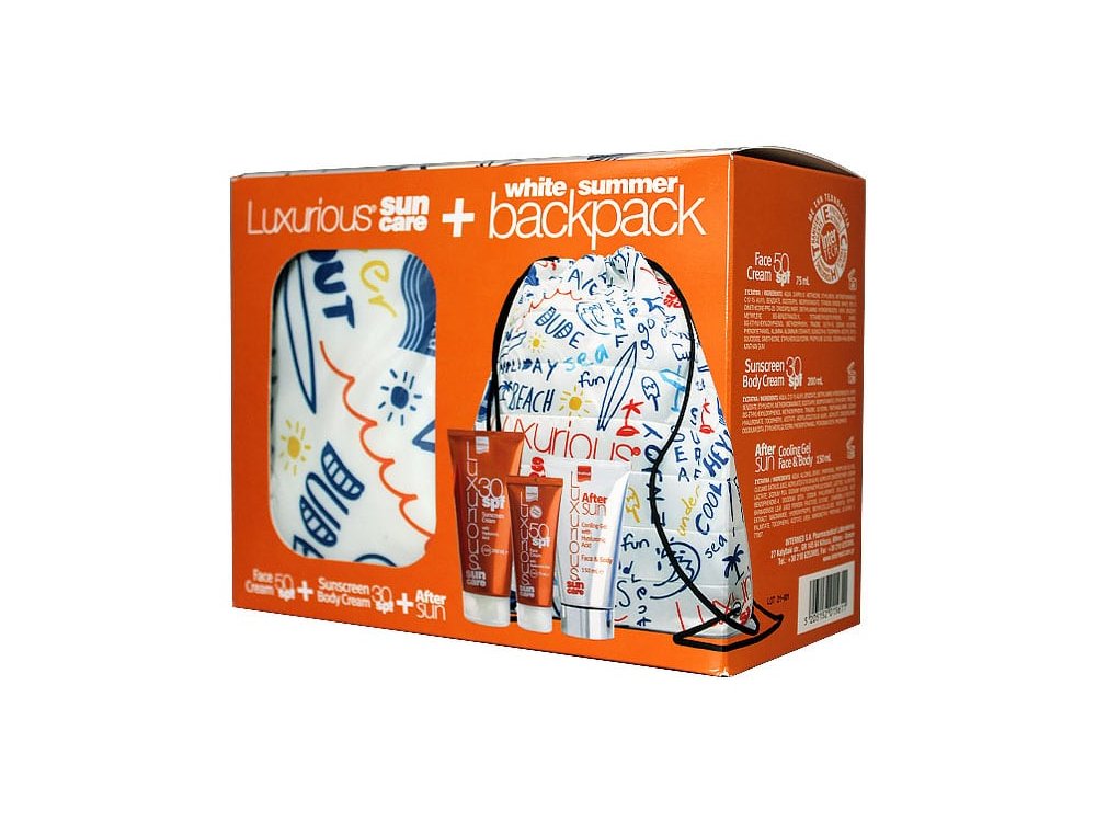 Intermed Luxurious Suncare Pack με Face Cream Αντηλιακή Κρέμα Προσώπου SPF50, 50ml & Sunscreen Body Cream Αντηλιακή Κρέμα Σώματος SPF30, 200ml & After Sun Cooling Gel Face & Body Κρέμα Προσώπου & Σώματος, 150ml & White Summer Backpack, 1τμχ