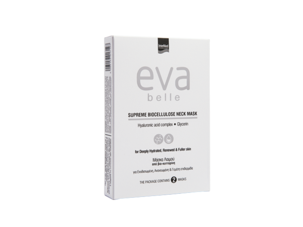 Intermed Eva Belle Supreme Biocellulose Neck Mask Μάσκα Λαιμού με Υαλουρονικό Οξύ & Γλυκερίνη, 2x15ml