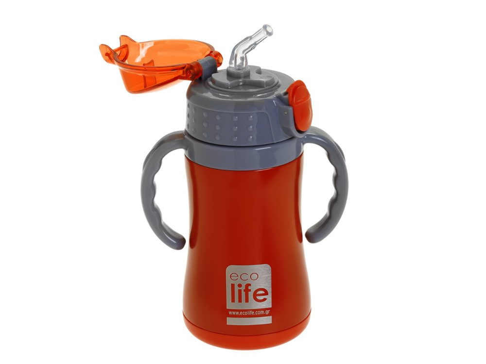 Eco Life Kids Thermos, Παγουράκι Θερμός Inox με Διπλό Τοίχωμα με Καλαμάκι, Χρώμα Κόκκινο, 300ml
