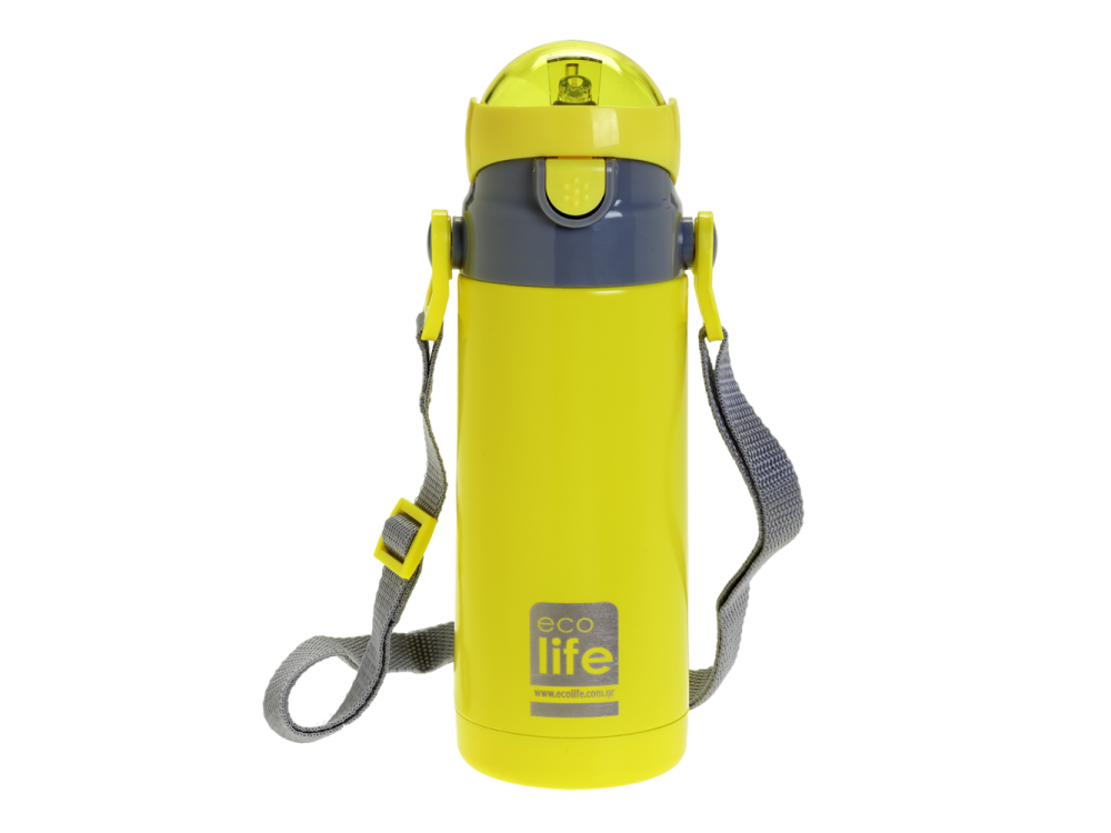 Eco Life Kids Thermos, Παγουράκι Θερμός Inox με Διπλό Τοίχωμα με Καλαμάκι, Χρώμα Κίτρινο, 400ml