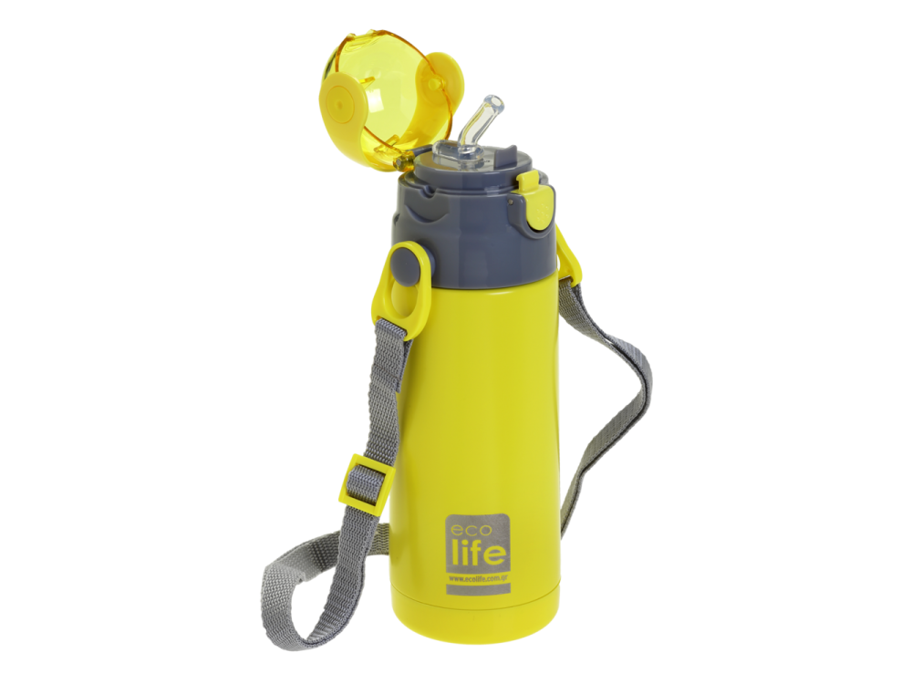 Eco Life Kids Thermos, Παγουράκι Θερμός Inox με Διπλό Τοίχωμα με Καλαμάκι, Χρώμα Κίτρινο, 400ml