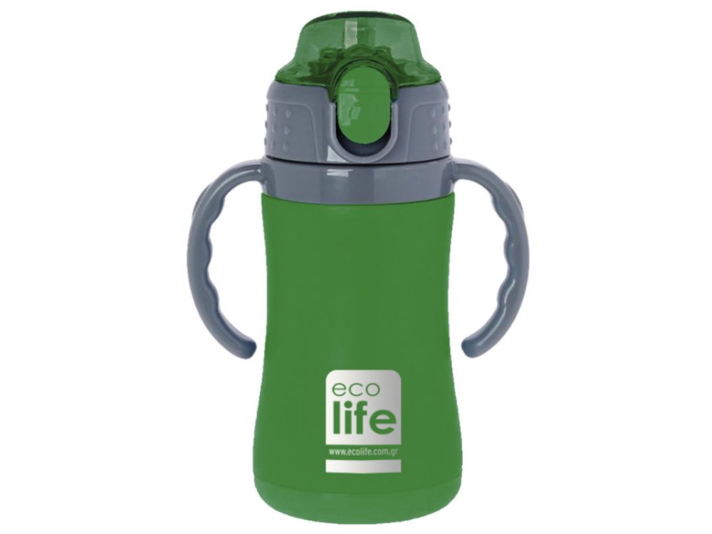 Eco Life Kids Thermos, Παγουράκι Θερμός Inox με Διπλό Τοίχωμα με Καλαμάκι, Χρώμα Πράσινο, 300ml