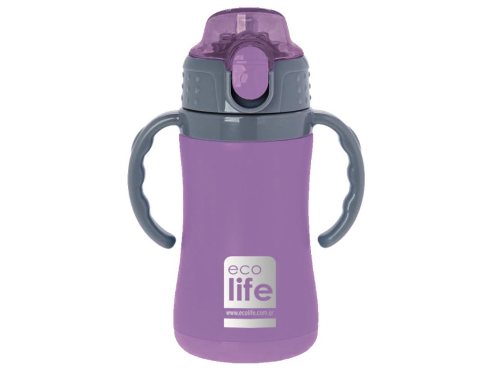 Eco Life Kids Thermos, Παγουράκι Θερμός Inox με Διπλό Τοίχωμα με Καλαμάκι, Χρώμα Λιλά, 300ml