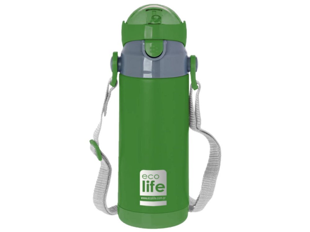 Eco Life Kids Thermos, Παγουράκι Θερμός Inox με Διπλό Τοίχωμα με Καλαμάκι, Χρώμα Πράσινο, 400ml