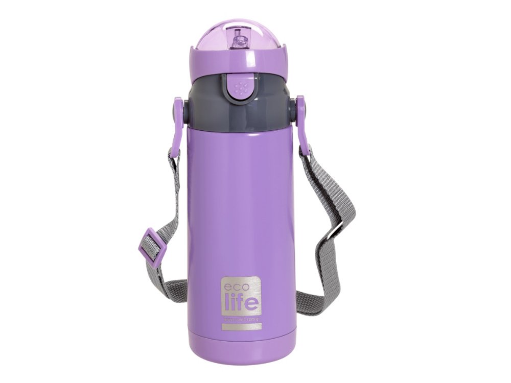 Eco Life Kids Thermos, Παγουράκι Θερμός Inox με Διπλό Τοίχωμα με Καλαμάκι, Χρώμα Λιλά, 400ml