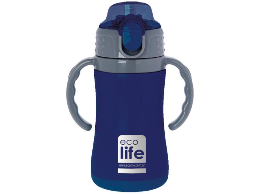 Eco Life Kids Thermos, Παγουράκι Θερμός Inox με Διπλό Τοίχωμα με Καλαμάκι, Χρώμα Blue, 300ml
