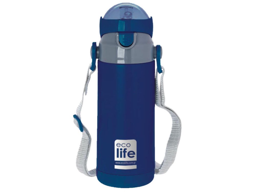 Eco Life Kids Thermos, Παγουράκι Θερμός Inox με Διπλό Τοίχωμα με Καλαμάκι, Χρώμα Μπλέ, 400ml