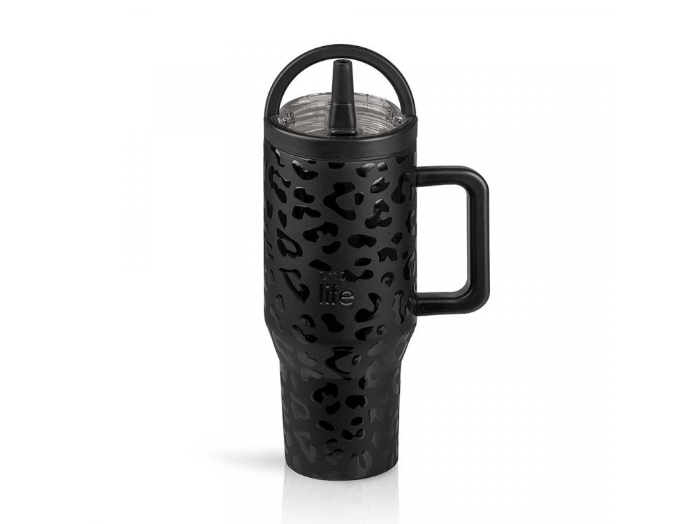 Eco Life 2Handles Lid Tumbler Leopard Black, Ανοξείδωτο Ποτήρι Θερμός με Στόμιο, 900ml