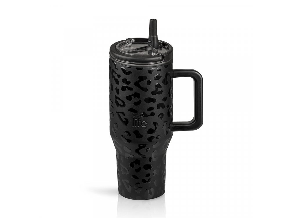 Eco Life 2Handles Lid Tumbler Leopard Black, Ανοξείδωτο Ποτήρι Θερμός με Στόμιο, 900ml