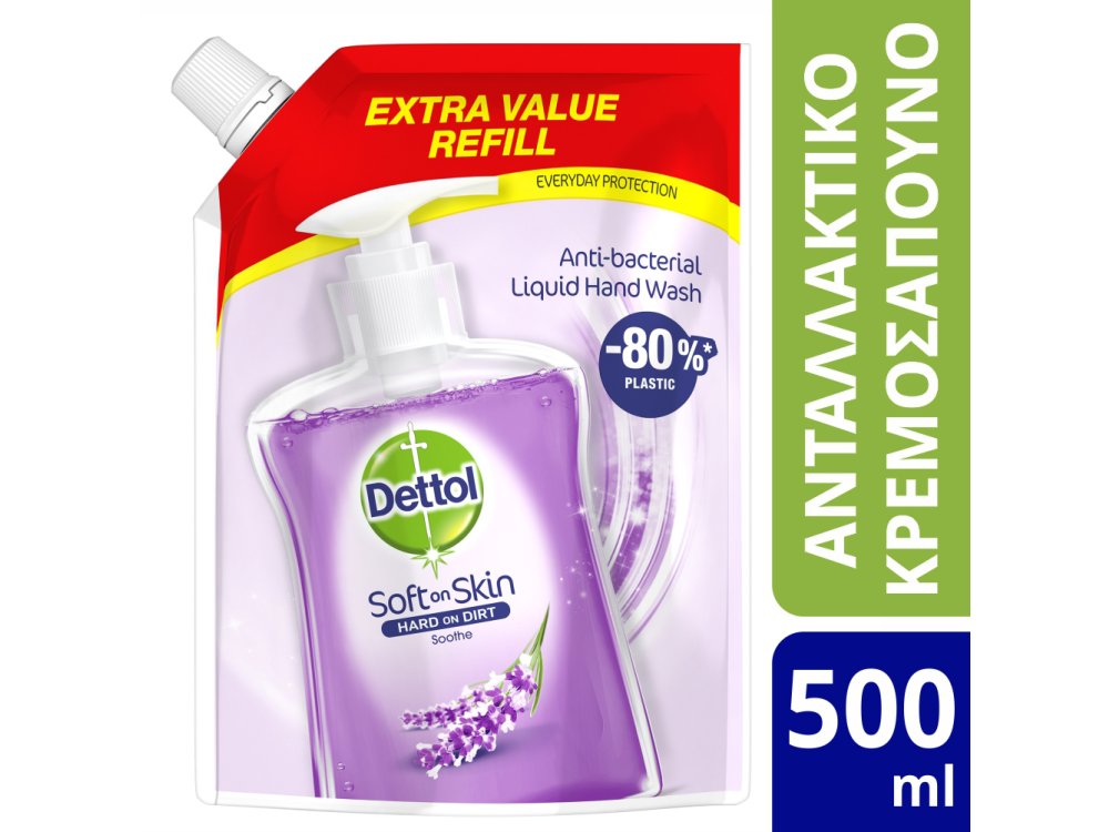 Dettol Soothe Refill, Ανταλλακτικό Αντιβακτηριδιακό Υγρό Κρεμοσάπουνο Σακουλάκι Λεβάντα, 500ml