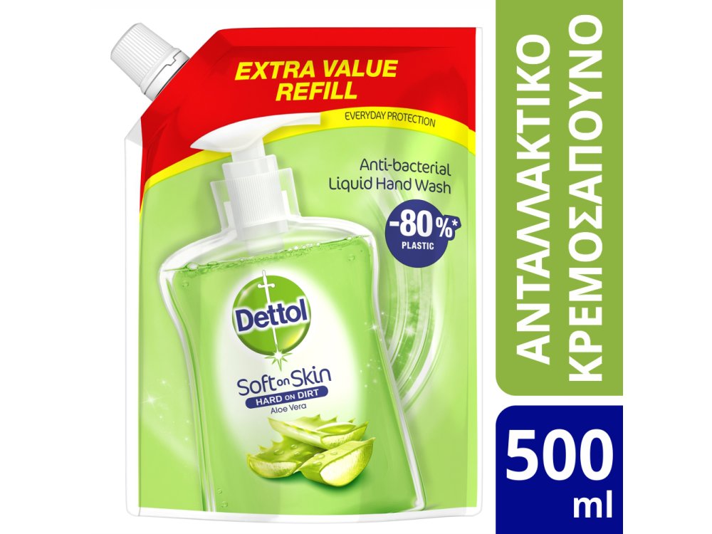 Dettol Soothe Refill, Ανταλλακτικό Αντιβακτηριδιακό Υγρό Κρεμοσάπουνο Σακουλάκι Aloe Vera, 500ml