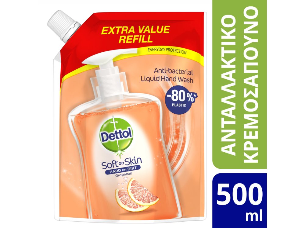 Dettol Soothe Refill, Ανταλλακτικό Αντιβακτηριδιακό Υγρό Κρεμοσάπουνο Σακουλάκι Grapefruit, 500ml