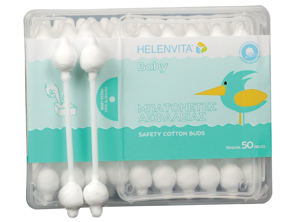 Helenvita Baby Cotton Buds Μπατονέτες από ανώτερης ποιότητας 100% καθαρό βαμβάκι, 50τμχ