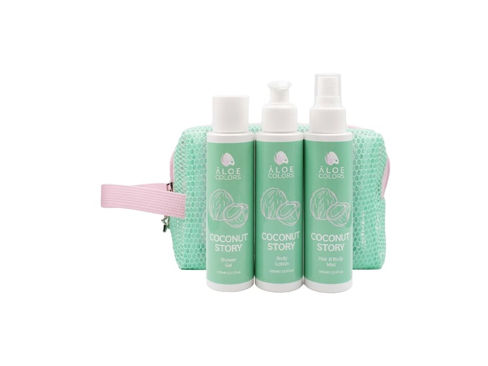 Aloe+ Colors Promo Coconut Story Travel Size Summer Bag Shower Gel Αφρόλουτρο, 100ml, Body Lotion Λοσιόν Σώματος, 100ml, Hair & Body Mist, 100ml, & Δώρο Νεσεσέρ, 1τεμ, 1σετ