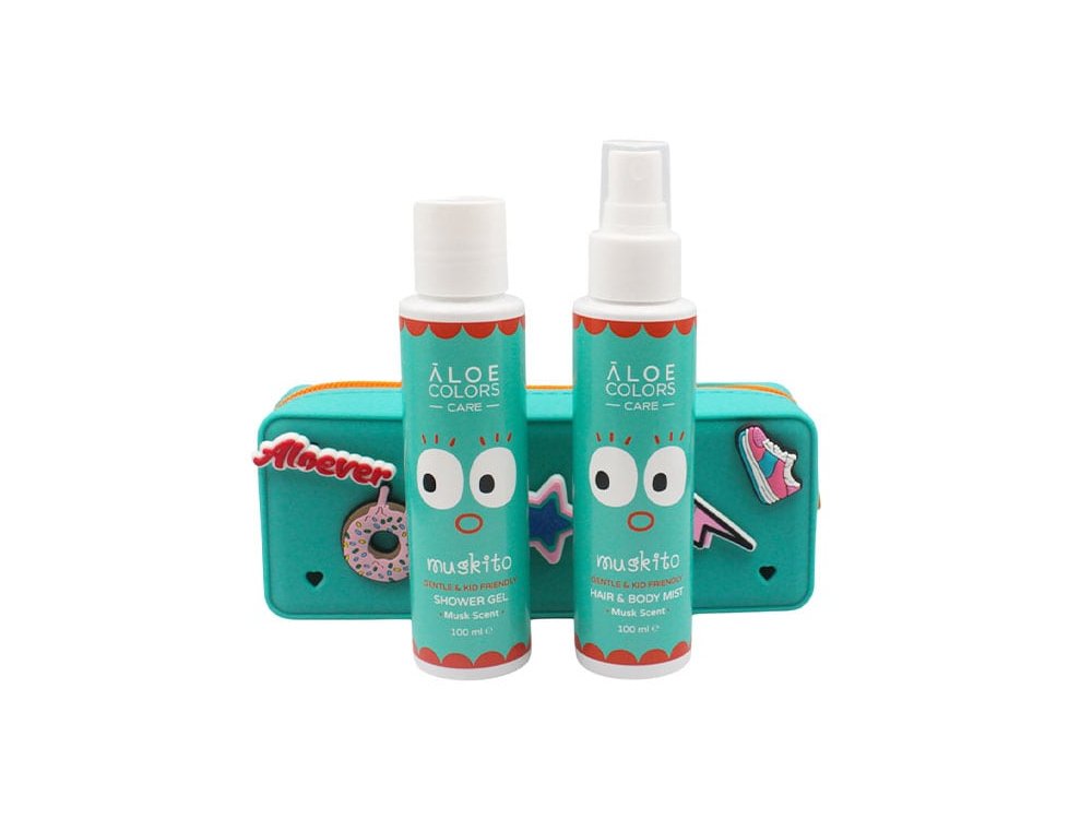 Aloe Colors Promo Muskito Case με Muskito Hair & Body Mist Σπρέι για Σώμα & Μαλλιά, 100ml, Shower Gel Αφρόλουτρο Σώματος, 100ml & Δώρο Muskito Σχολική Κασετίνα, 1τεμ, 1σετ