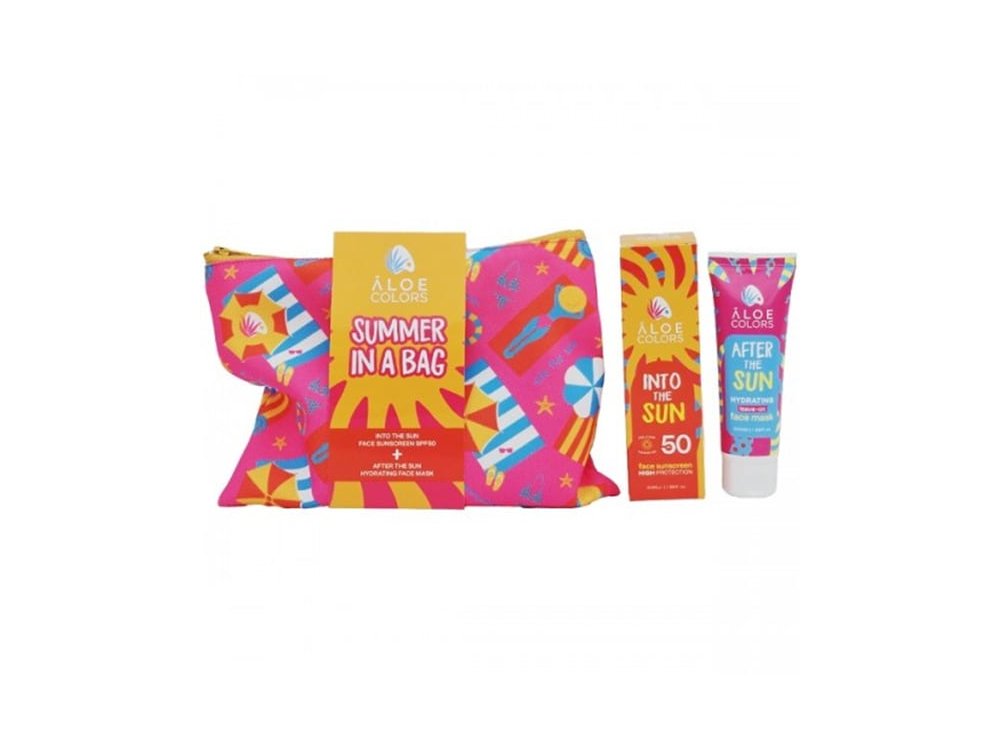Aloe Colors Summer in a Bag Into the Sun, Αντηλιακή Κρέμα Προσώπου SPF50, 50ml & After Sun Hydrating, Μάσκα Προσώπου, 50ml, 1σετ