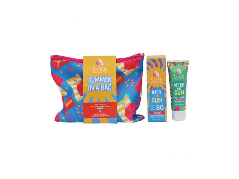 Aloe Colors Ιnto the Sun Cosmetic Summer in a Bag with Αντηλιακή Κρέμα Προσώπου με Χρώμα SPF30, 50ml & After Sun Soothing, Mάσκα Προσώπου, 50ml, 1σετ