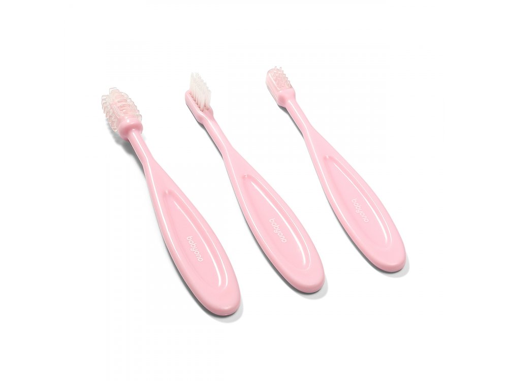 BabyOno ToothBrushes Set, Σετ 3 Οδοντόβουρτσες από 3m+, Ρόζ
