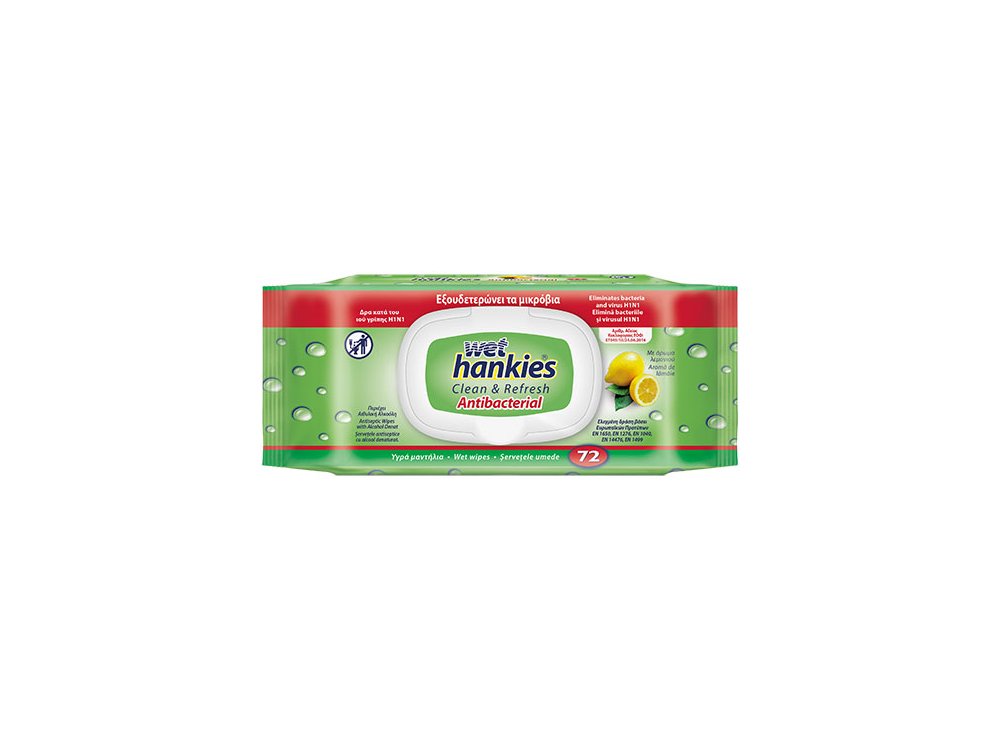 Wet Hankies Clean & Refresh Antibacterial Lemon Υγρά Αντιβακτηριδιακά Μαντηλάκια Με Άρωμα Λεμόνι, 72τμχ (1+1 Δωρο)