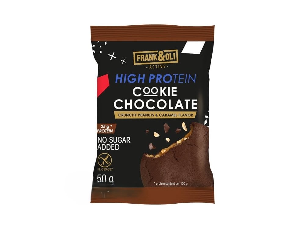 Frank & Oli High Protein Cookie Chocolate, Crunchy Peanuts & Caramel Flavour Σοκολατένιο Μπισκότο με Γέμιση Φυστίκι & Καραμέλα, 50g