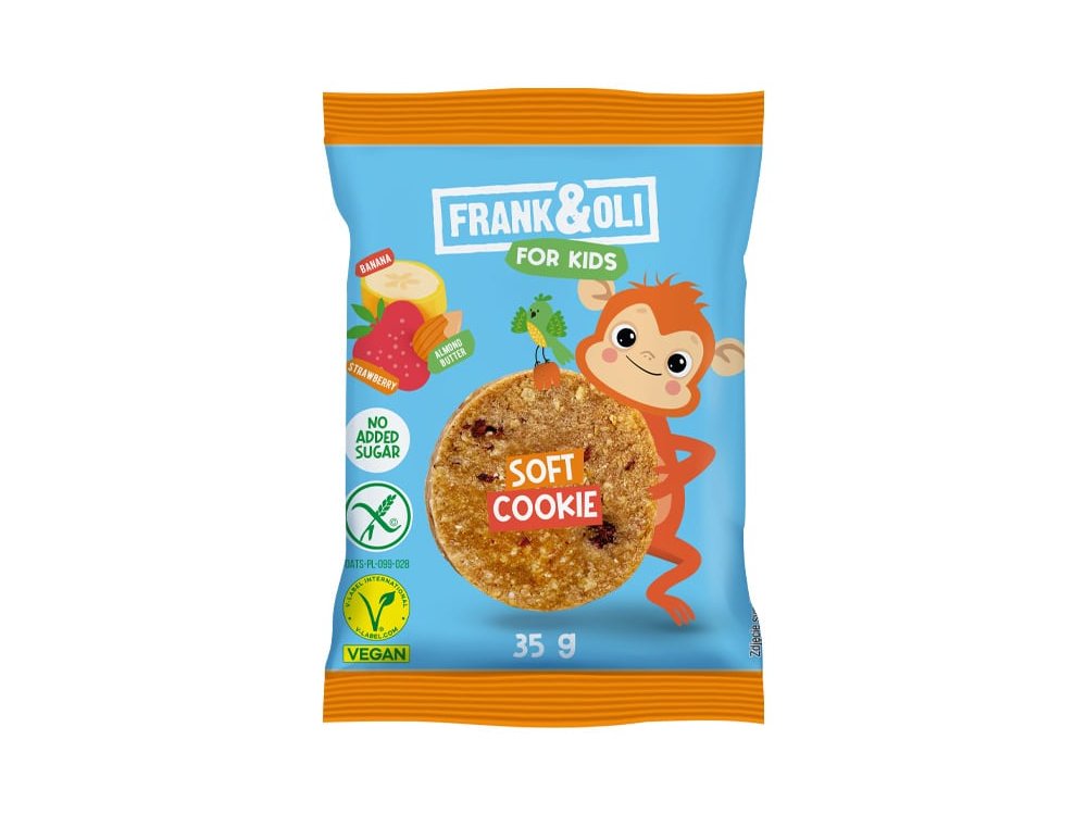 Frank & Oli for Kids Soft Cookie Almond Paste, Strawberry & Banana Μαλακό Μπισκότο με Αμυγδαλοβούτυρο, Φράουλα & Μπανάνα, 35g